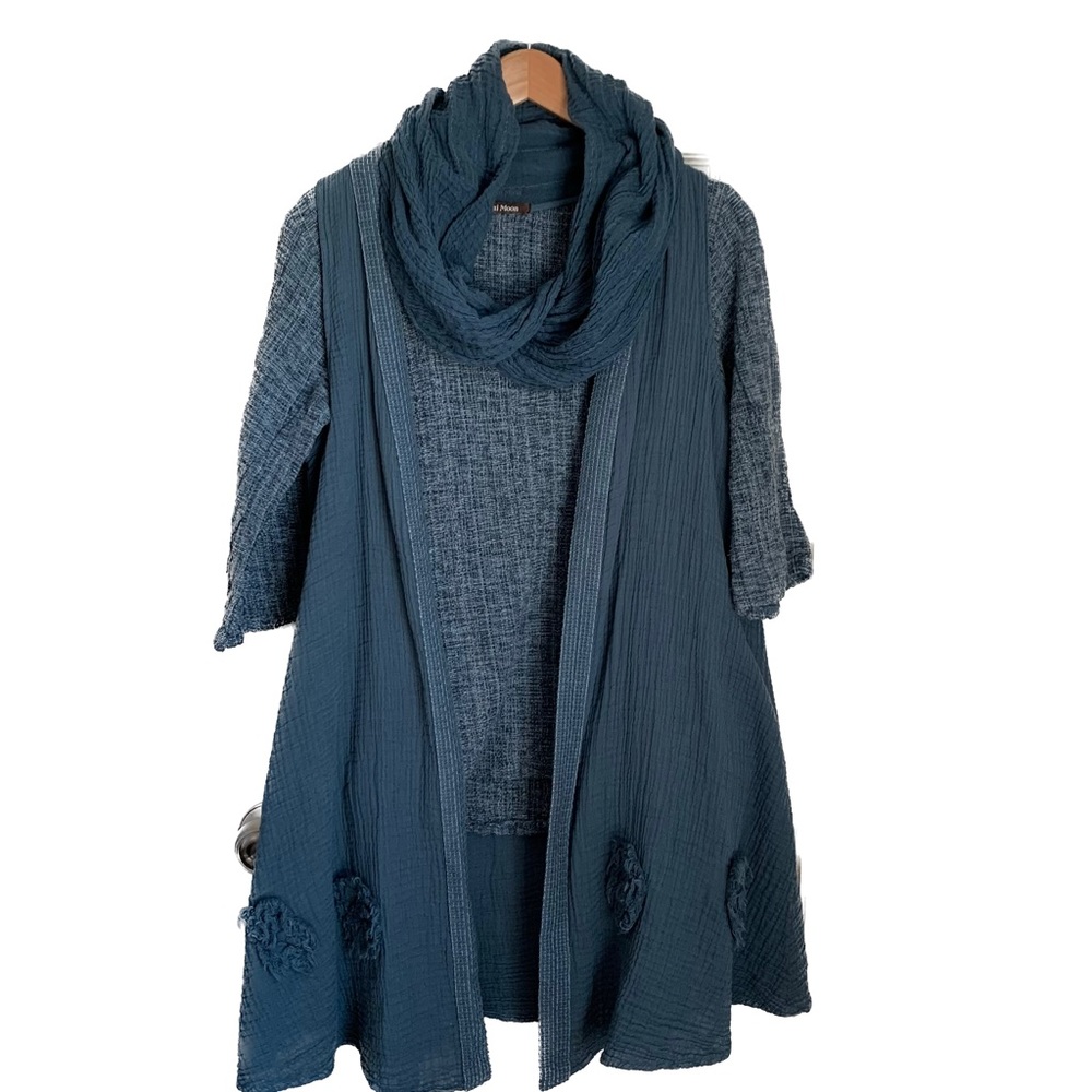 Kai Moon Artsy Two Piece Gauze Cowl Neck Textured Blouse Open Duster Ves…